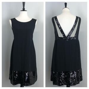 See By Chloe Black Silk Sequin Deep V Mesh Back Sleeveless Shift Dress Sz 6